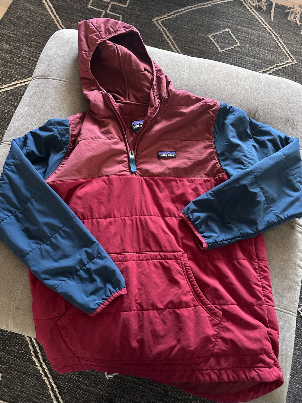 Patagonia Men’s Hooded Pullover in Burgundy and Blue